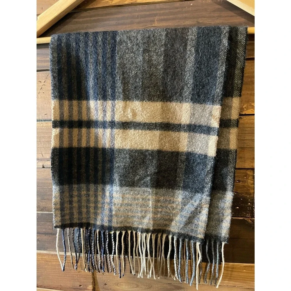 100% Cashmere Club Room‎ Plaid Scarf Black Brown Tan Fringed Soft Warm Luxury